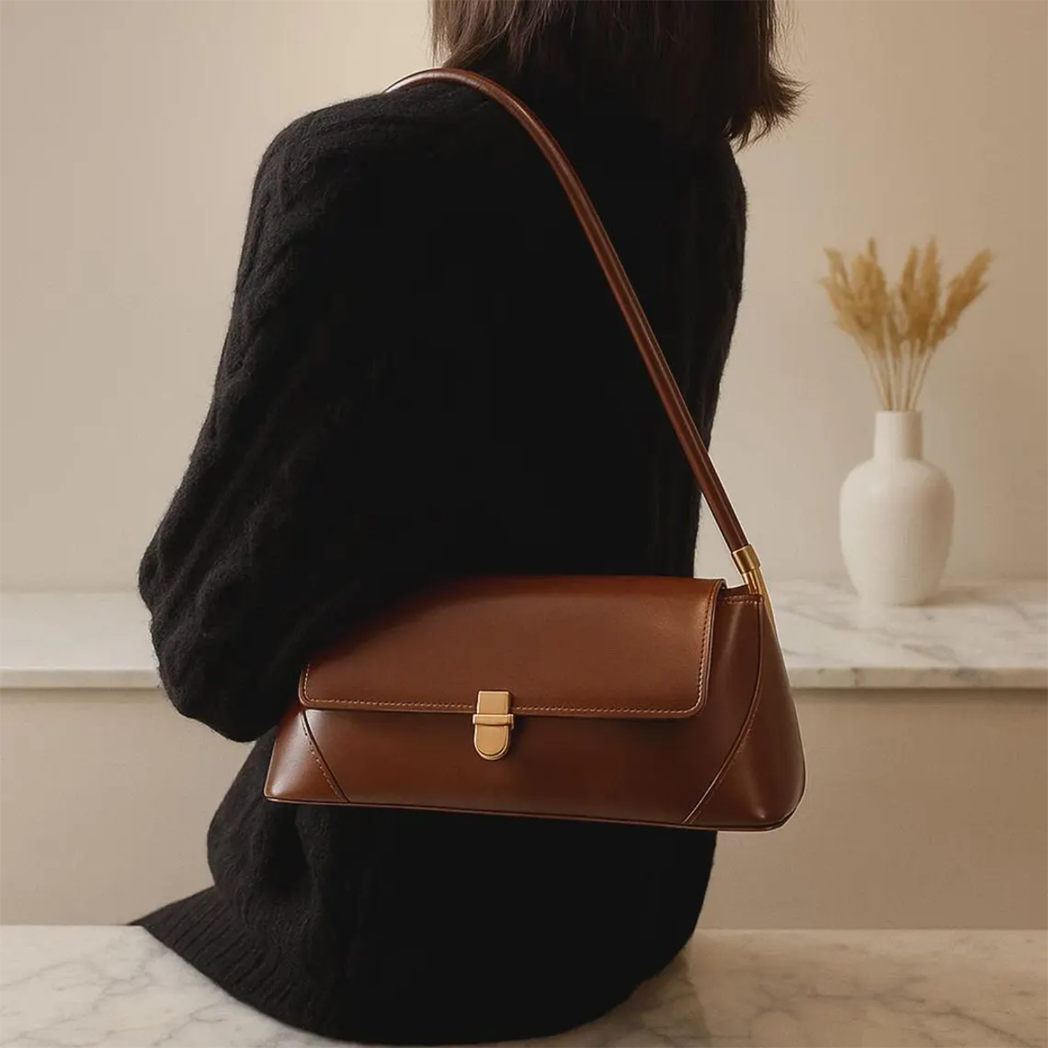Warm Chestnut Brown Tapered Rectangular Shoulder Carry Piece With Gold Tone Central Clasp And Curved Metallic Capped Grip Tube