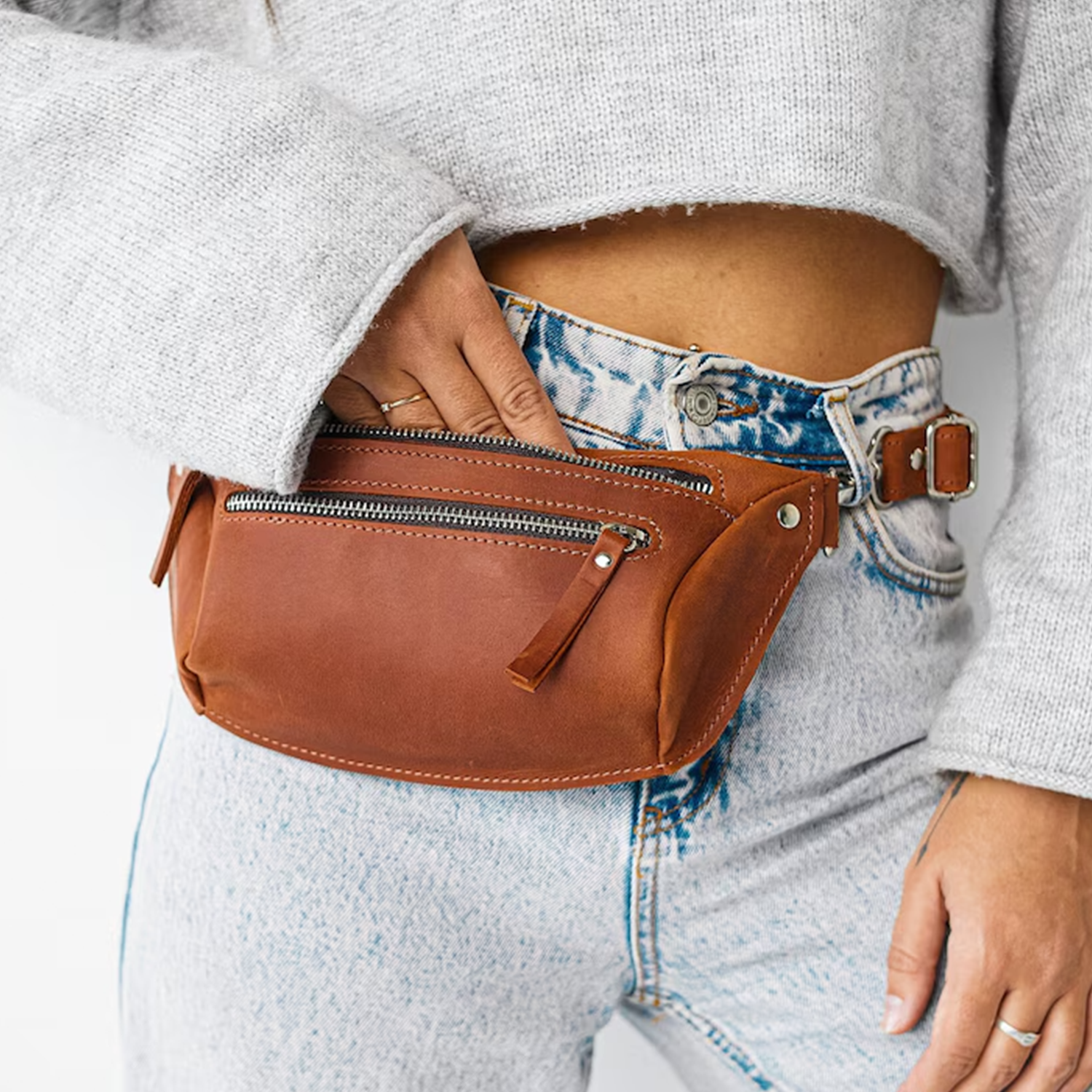 Warm Weathered Tan Asymmetrical Crescent Hip Storage Pouch With Dual Front Slide-Fastener Slots And Swivel Clasp Connect Fixtures