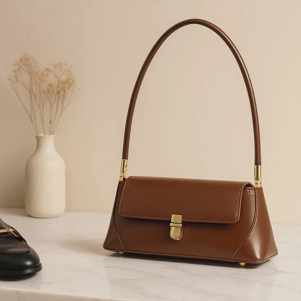 Warm Chestnut Brown Tapered Rectangular Shoulder Carry Piece With Gold Tone Central Clasp And Curved Metallic Capped Grip Tube