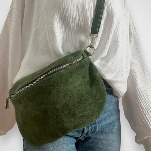 Deep Forest Green Fuzzy Textured Asymmetrical Curved Pouch With Full Length Metallic Slide Fastener And Swivel Ring Grip Fixture