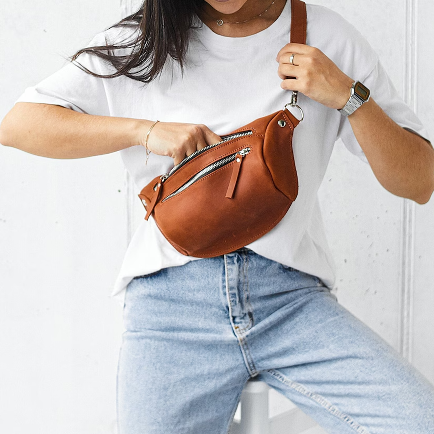 Warm Weathered Tan Asymmetrical Crescent Hip Storage Pouch With Dual Front Slide-Fastener Slots And Swivel Clasp Connect Fixtures