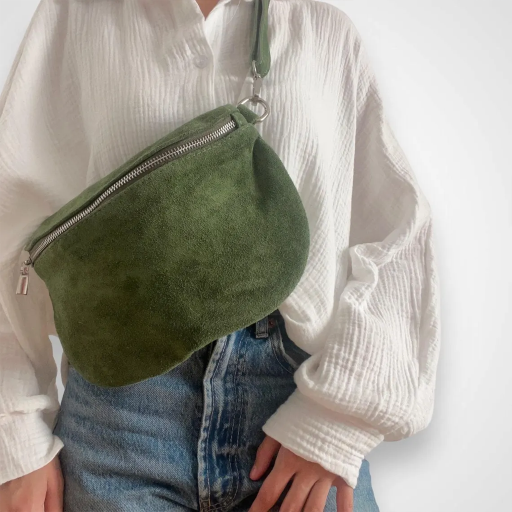 Deep Forest Green Fuzzy Textured Asymmetrical Curved Pouch With Full Length Metallic Slide Fastener And Swivel Ring Grip Fixture