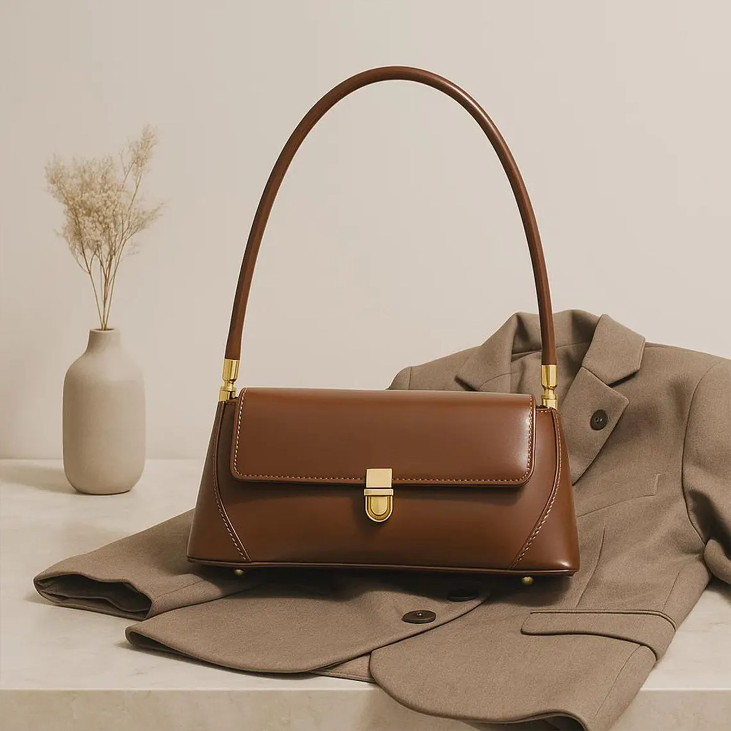 Warm Chestnut Brown Tapered Rectangular Shoulder Carry Piece With Gold Tone Central Clasp And Curved Metallic Capped Grip Tube