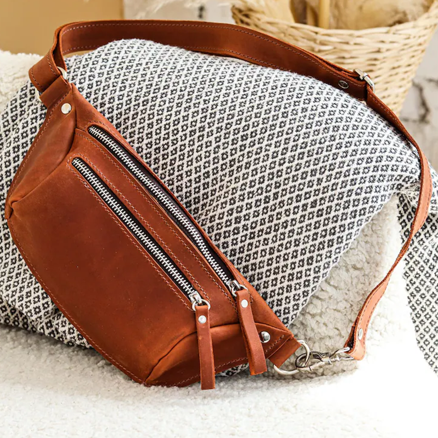Warm Weathered Tan Asymmetrical Crescent Hip Storage Pouch With Dual Front Slide-Fastener Slots And Swivel Clasp Connect Fixtures