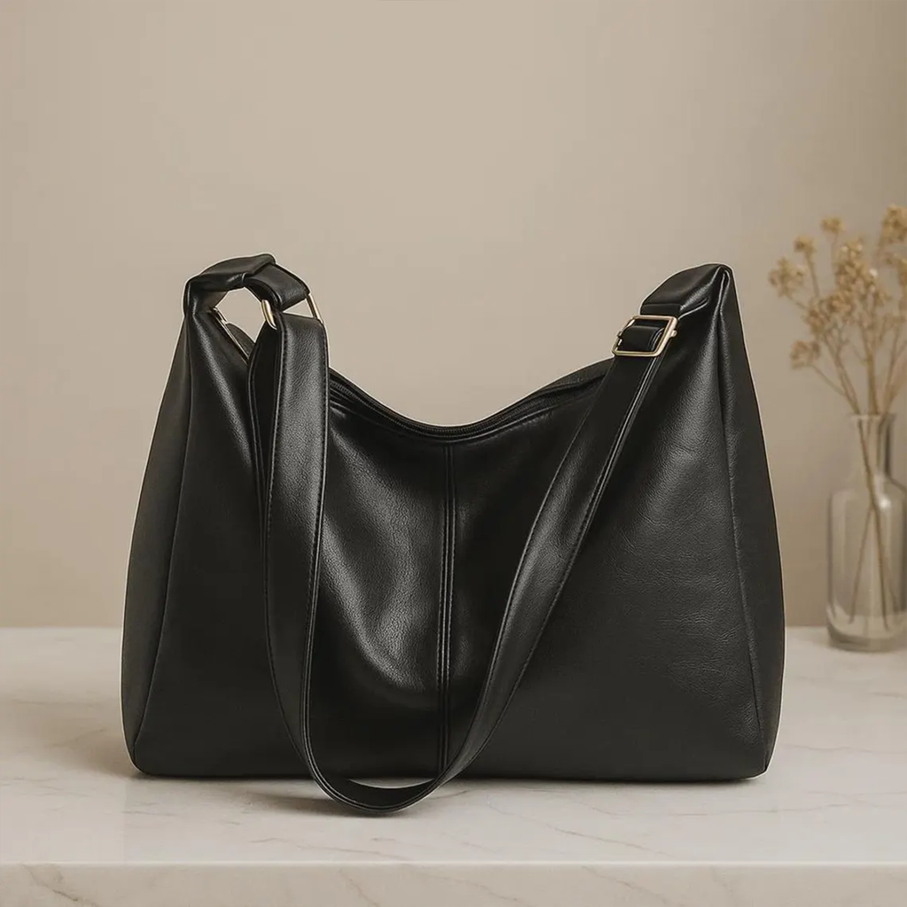 Soft Slouchy Trapezoidal Carryall With Central Vertical Stitch Seam And Wide Metallic Ring Hanging Fixture