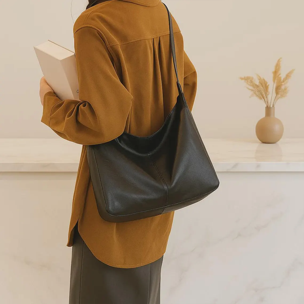 Soft Slouchy Trapezoidal Carryall With Central Vertical Stitch Seam And Wide Metallic Ring Hanging Fixture