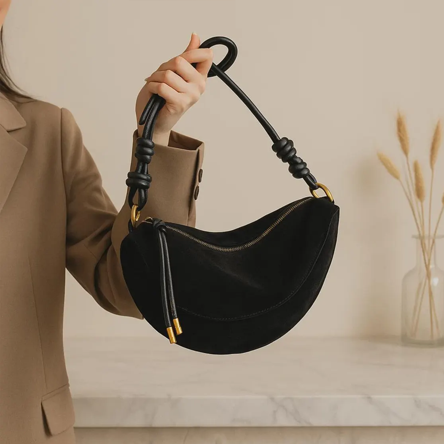 Tri Muted Tone Velvety Crescent Underarm Pouch With Knotted Grip Strand, Gold Tipped Tassel And Full Curve Slide Fastener