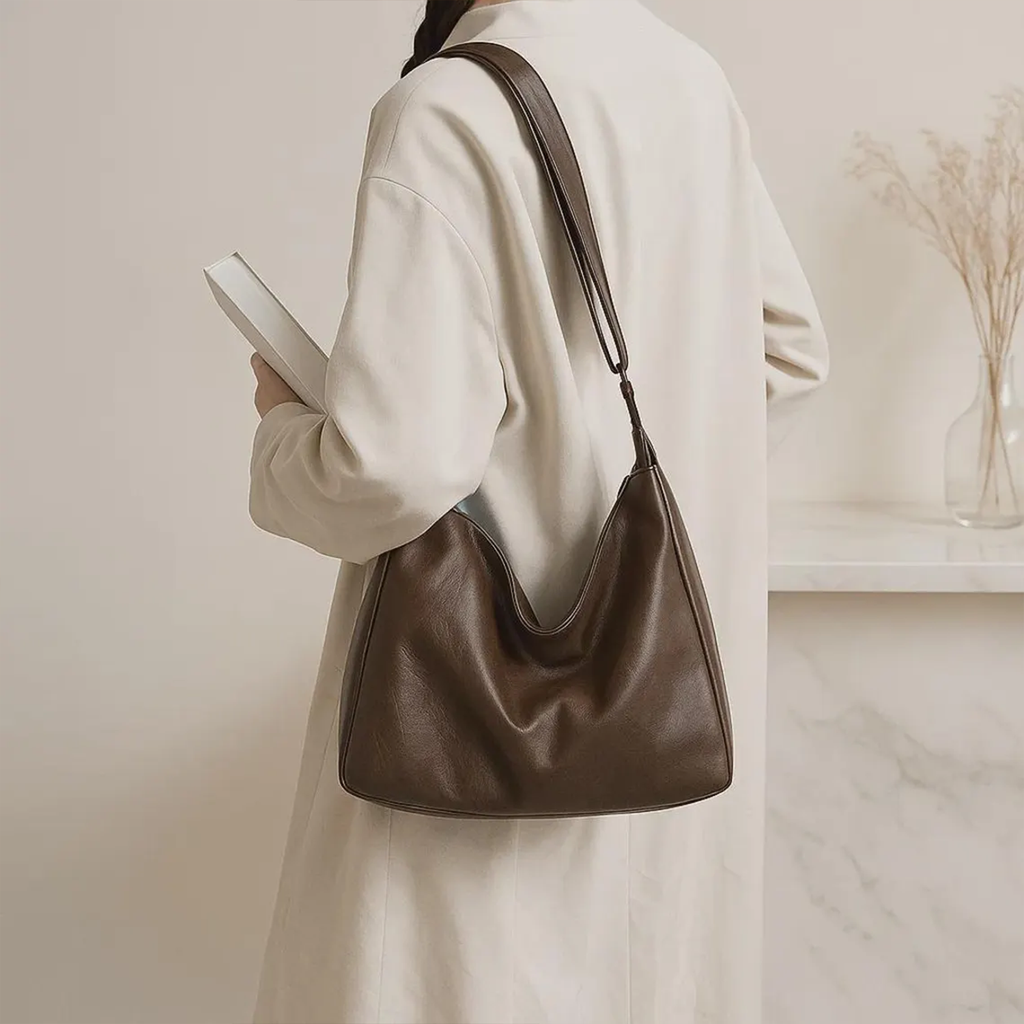 Soft Slouchy Trapezoidal Carryall With Central Vertical Stitch Seam And Wide Metallic Ring Hanging Fixture