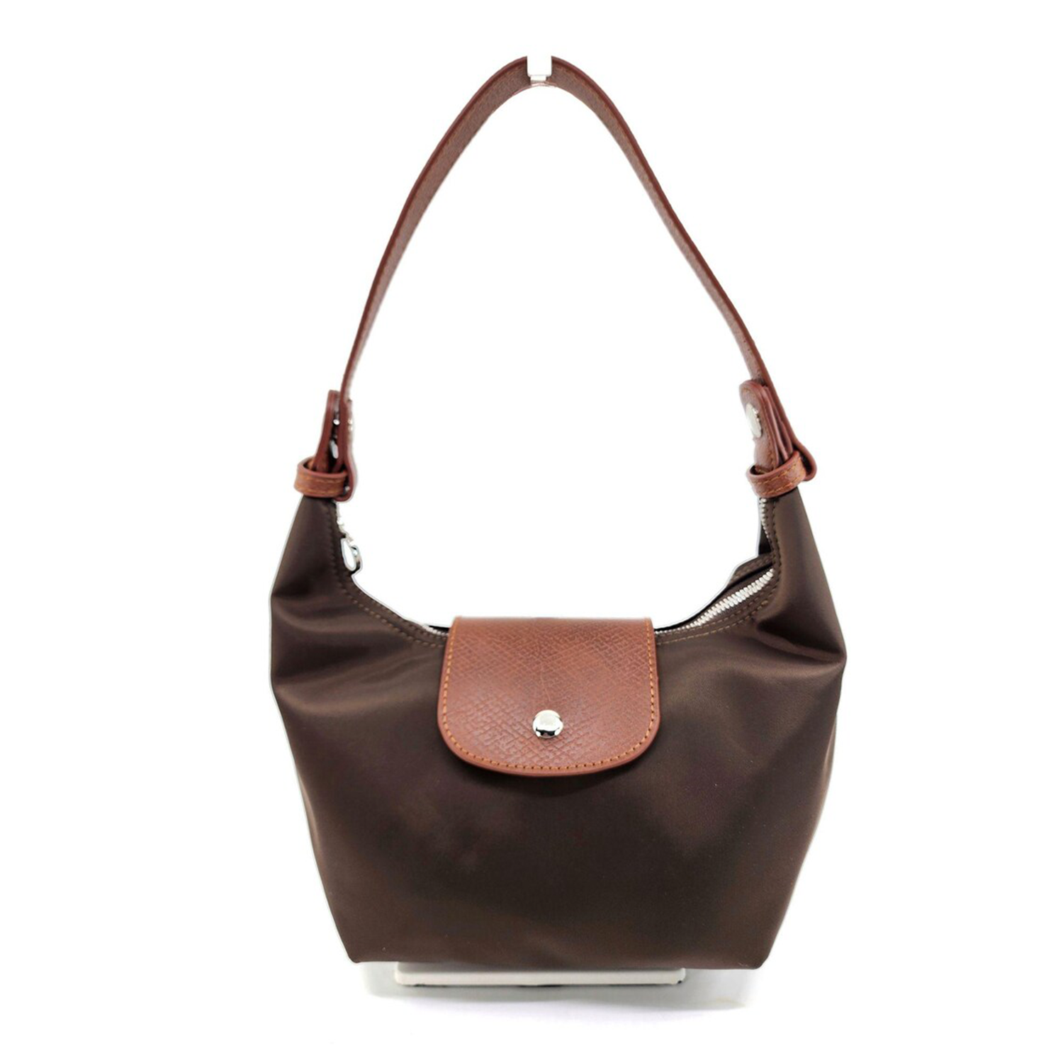 Multi-Tone Lightweight Curved Hobo Pouch With Tan Textured Flap, Full Top Zip And Built-In Inner Divided Slot