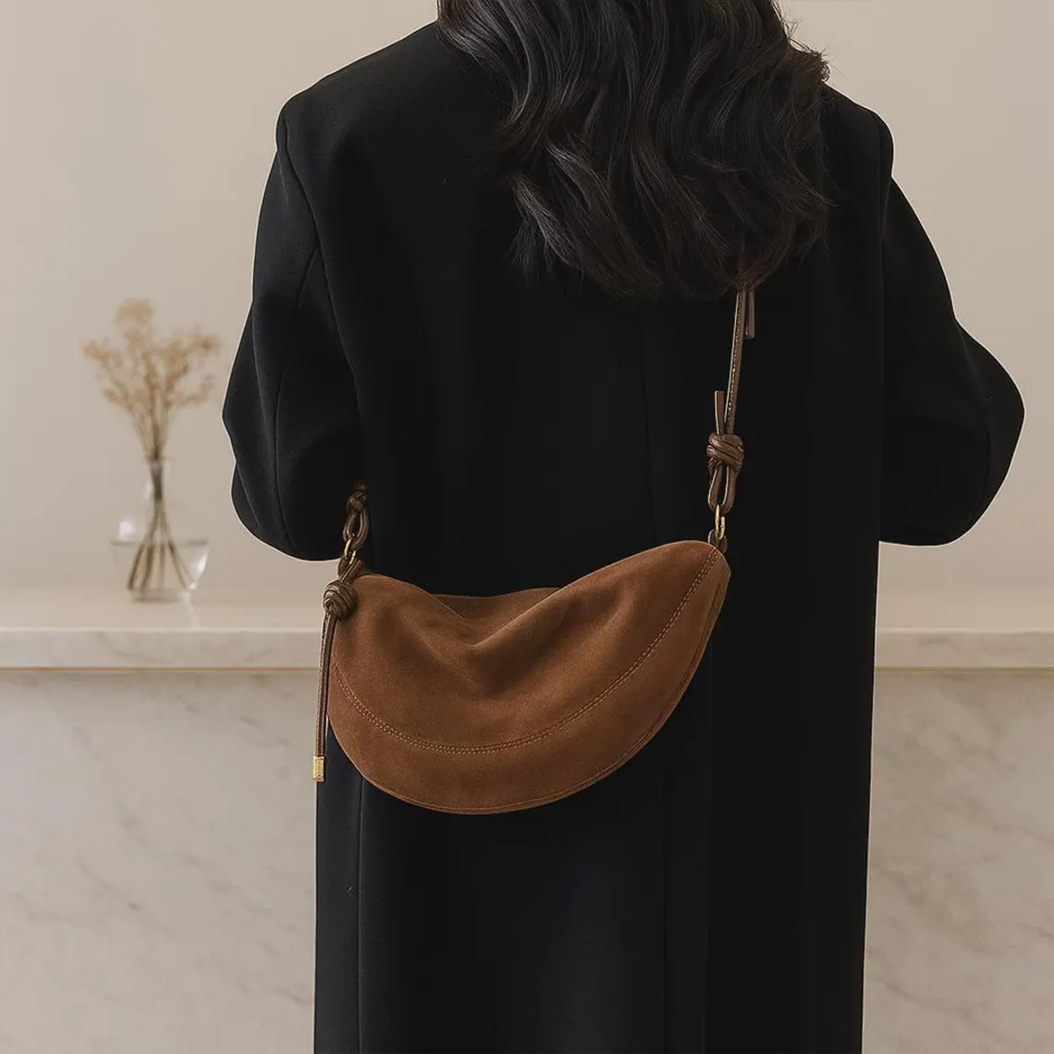 Tri Muted Tone Velvety Crescent Underarm Pouch With Knotted Grip Strand, Gold Tipped Tassel And Full Curve Slide Fastener