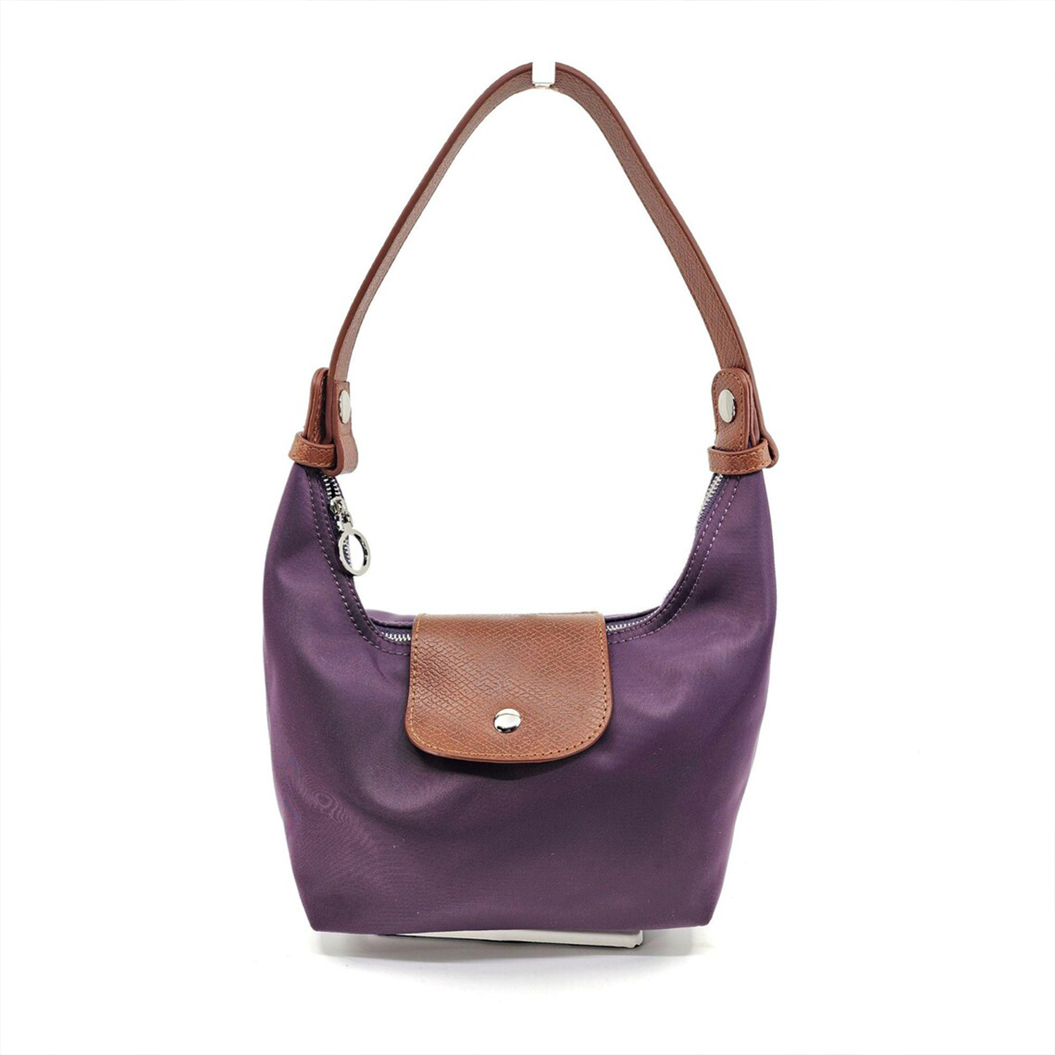 Multi-Tone Lightweight Curved Hobo Pouch With Tan Textured Flap, Full Top Zip And Built-In Inner Divided Slot
