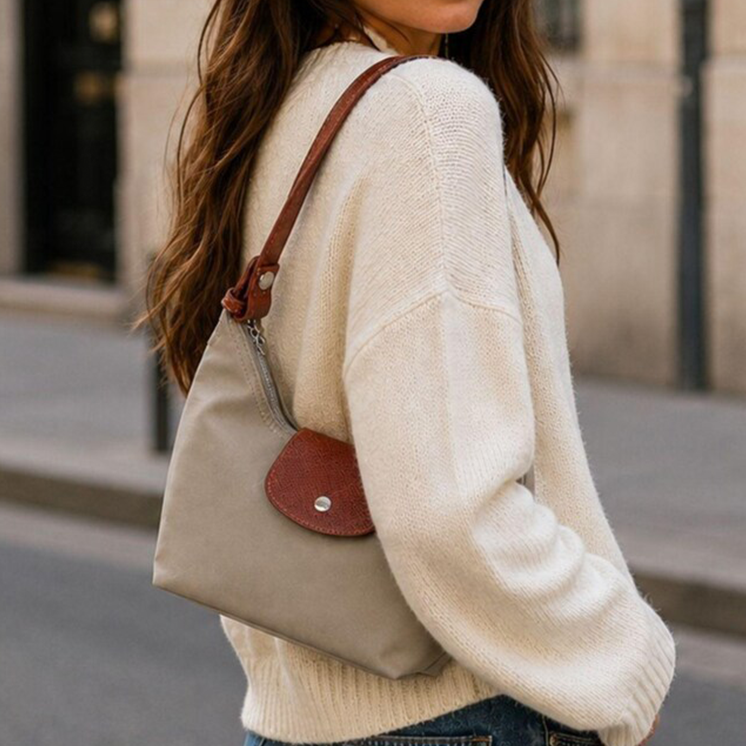 Multi-Tone Lightweight Curved Hobo Pouch With Tan Textured Flap, Full Top Zip And Built-In Inner Divided Slot