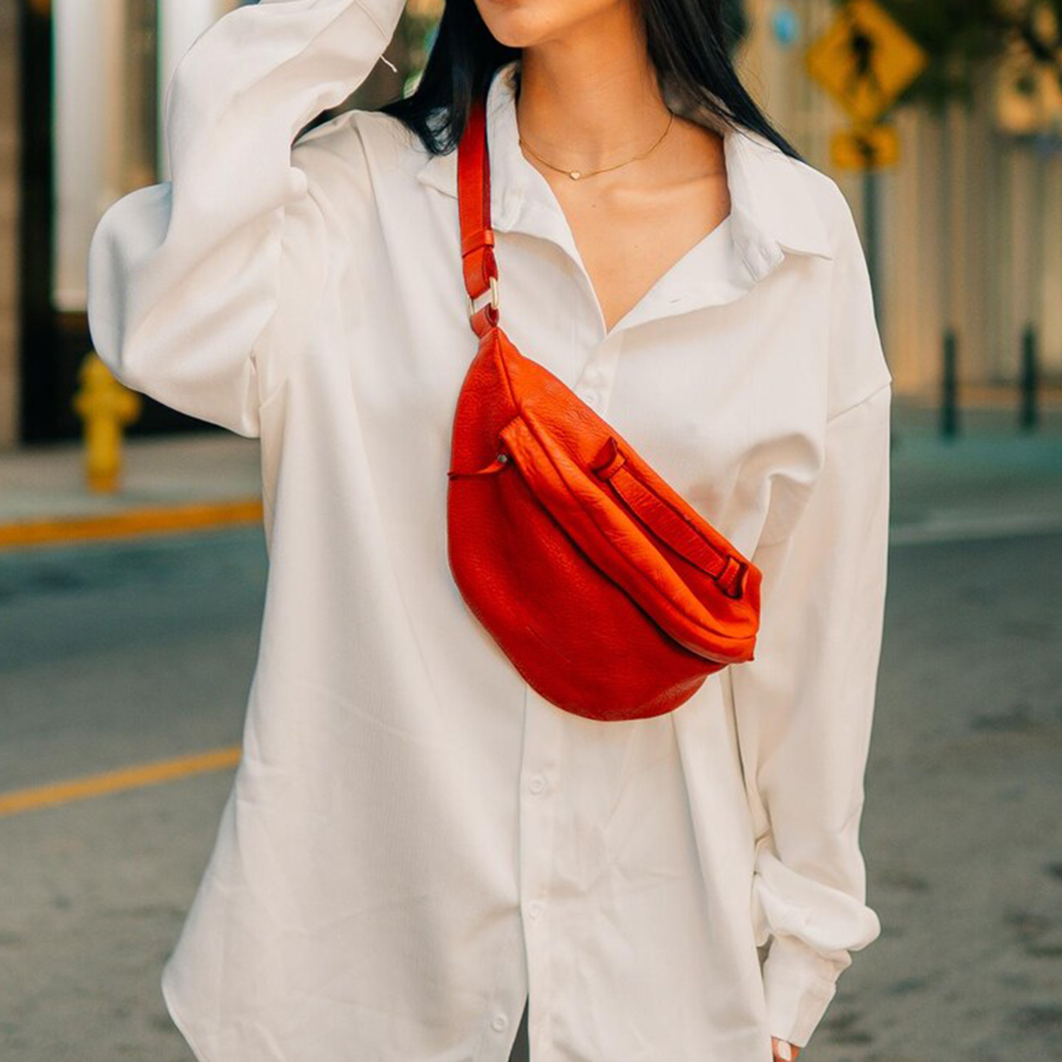 Wrinkled Textured Crescent Hip Pouch With Front Overlay Pocket And Wide Hanging Connect Fixture