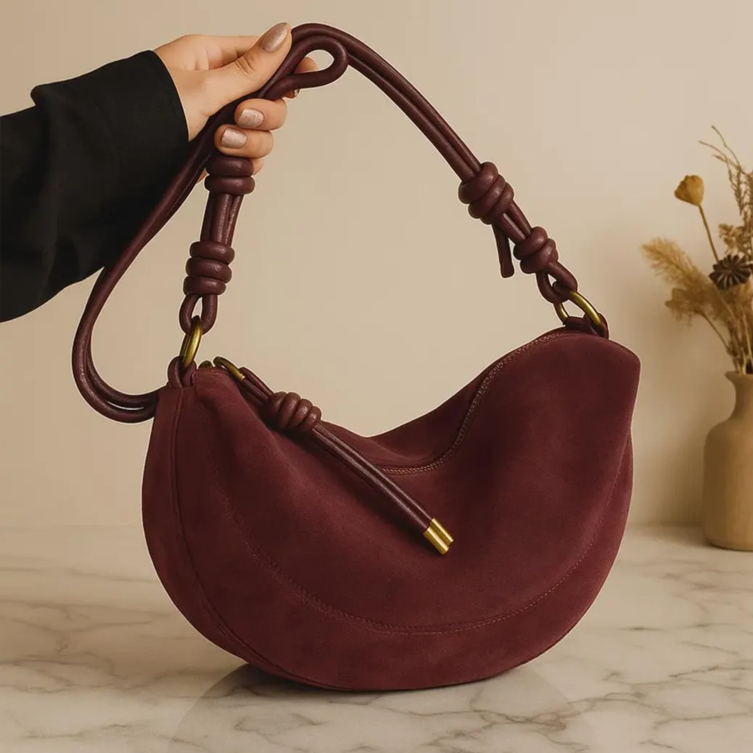 Tri Muted Tone Velvety Crescent Underarm Pouch With Knotted Grip Strand, Gold Tipped Tassel And Full Curve Slide Fastener