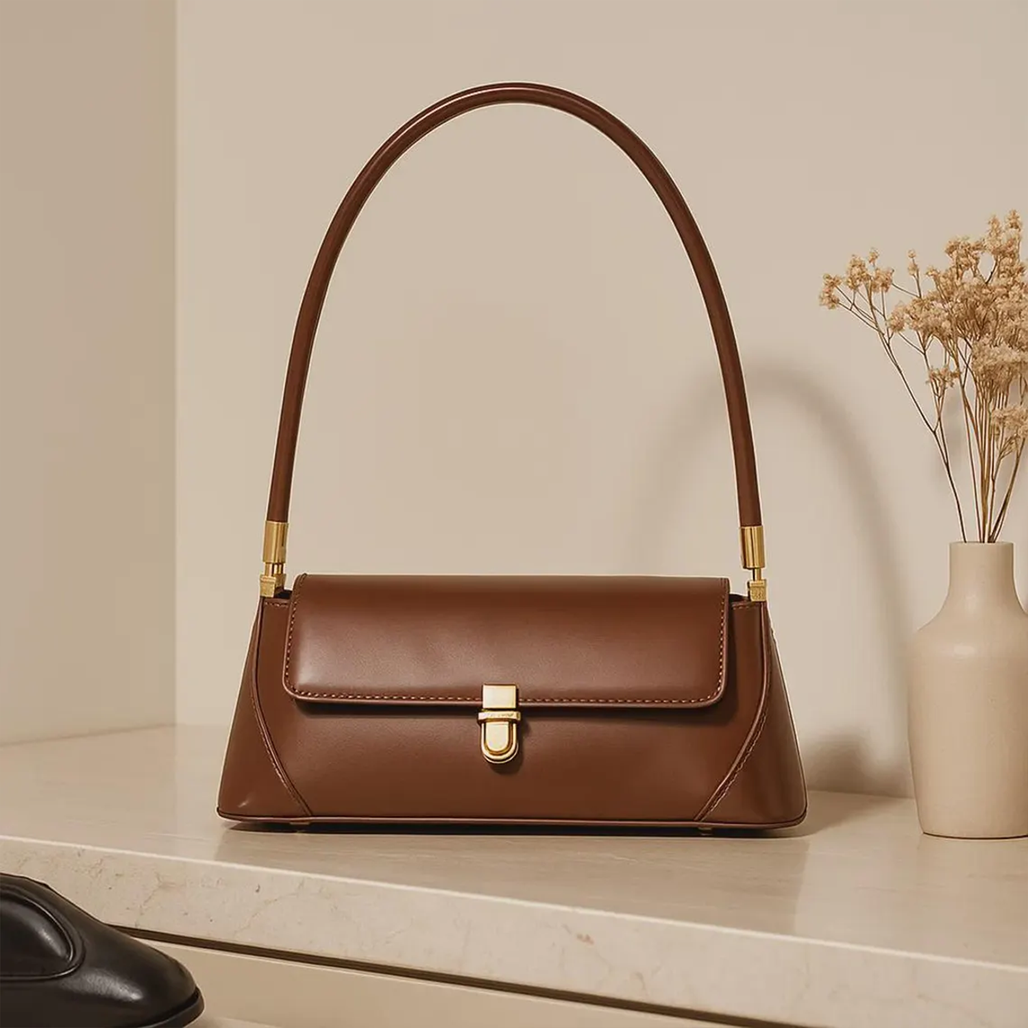 Warm Chestnut Brown Tapered Rectangular Shoulder Carry Piece With Gold Tone Central Clasp And Curved Metallic Capped Grip Tube
