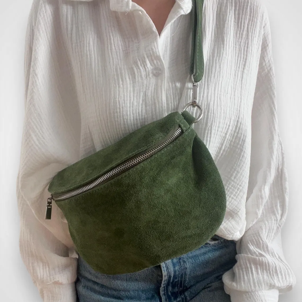 Deep Forest Green Fuzzy Textured Asymmetrical Curved Pouch With Full Length Metallic Slide Fastener And Swivel Ring Grip Fixture