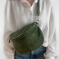 Deep Forest Green Fuzzy Textured Asymmetrical Curved Pouch With Full Length Metallic Slide Fastener And Swivel Ring Grip Fixture